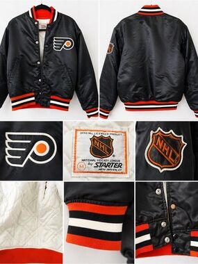 STARTER Black and Orange Philadelphia Flyers Satin Bomber Jacket